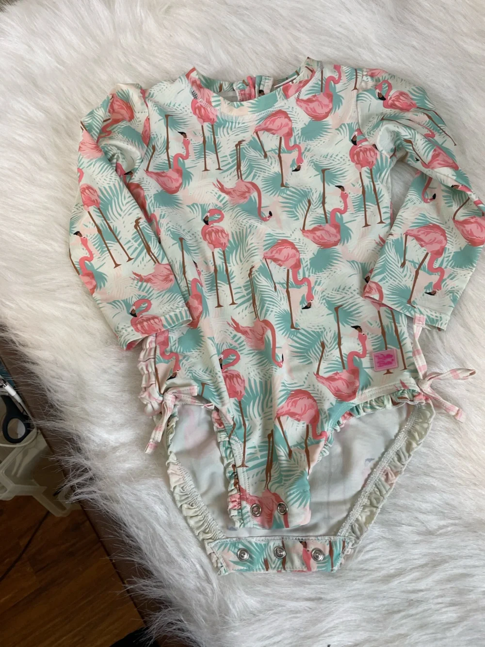 Ruffle Butts Mint and Pink Flamingo Long-Sleeve One-Piece
